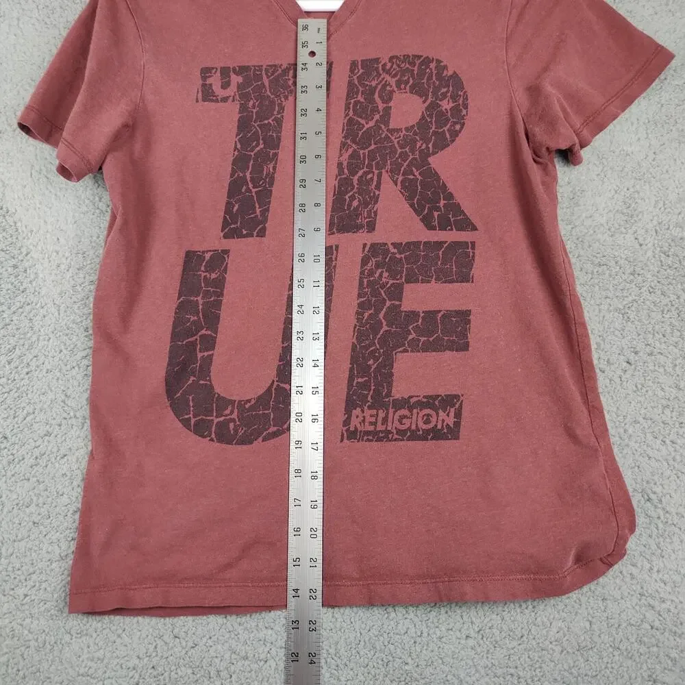 True Religion Shirt Red Men's Medium Short Sleeve Crew Neck Burgundy Graphic